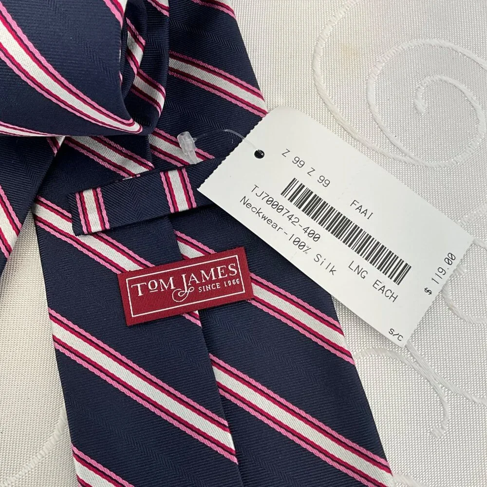 Tom James Men's Long Navy, Pink, White & Red‎ Striped Silk Tie